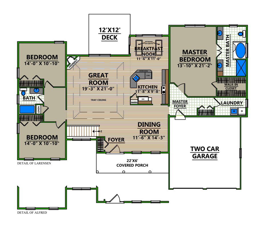 A floor plan of a house with a great room and a master bedroom