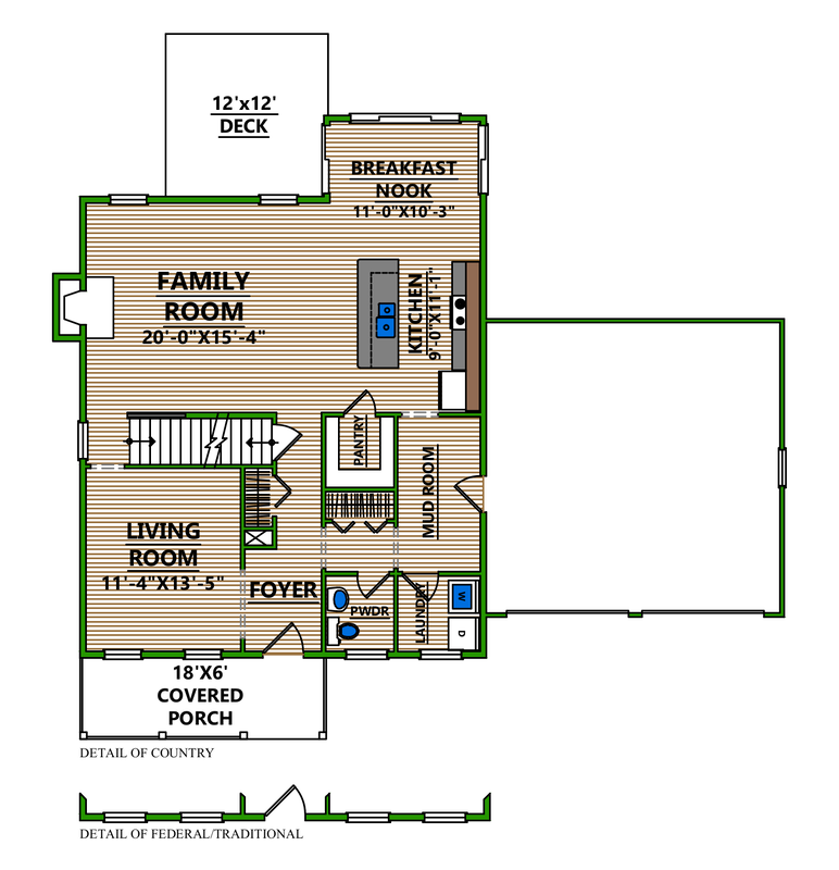 A floor plan of a house with a family room , living room , and kitchen.