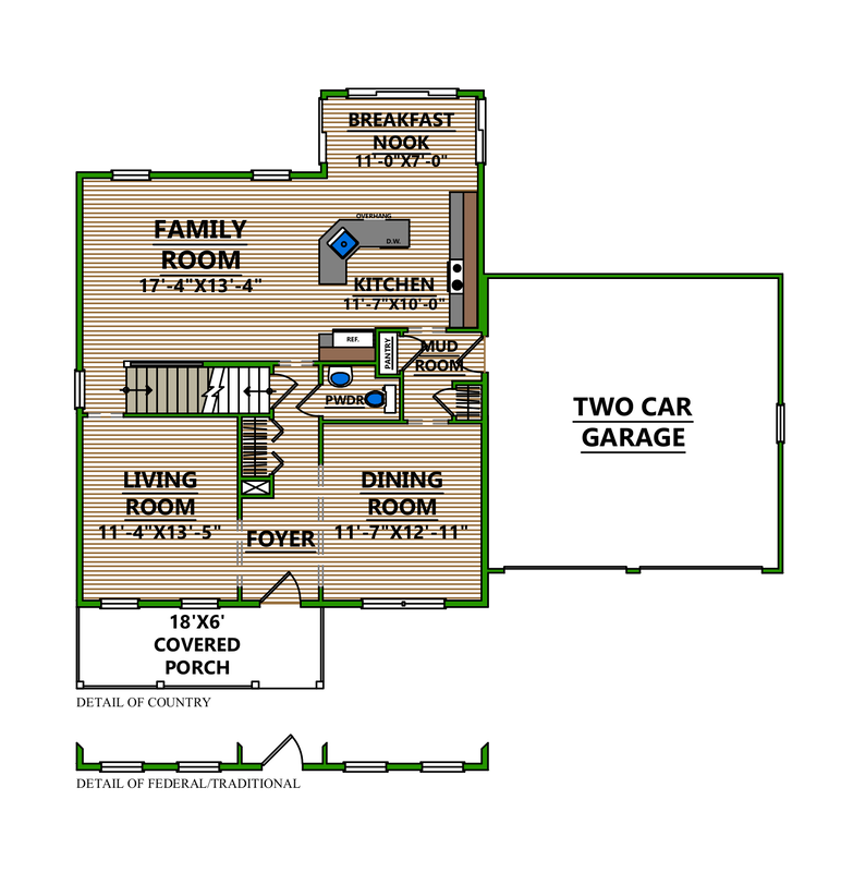 A floor plan of a house with a family room and a two car garage
