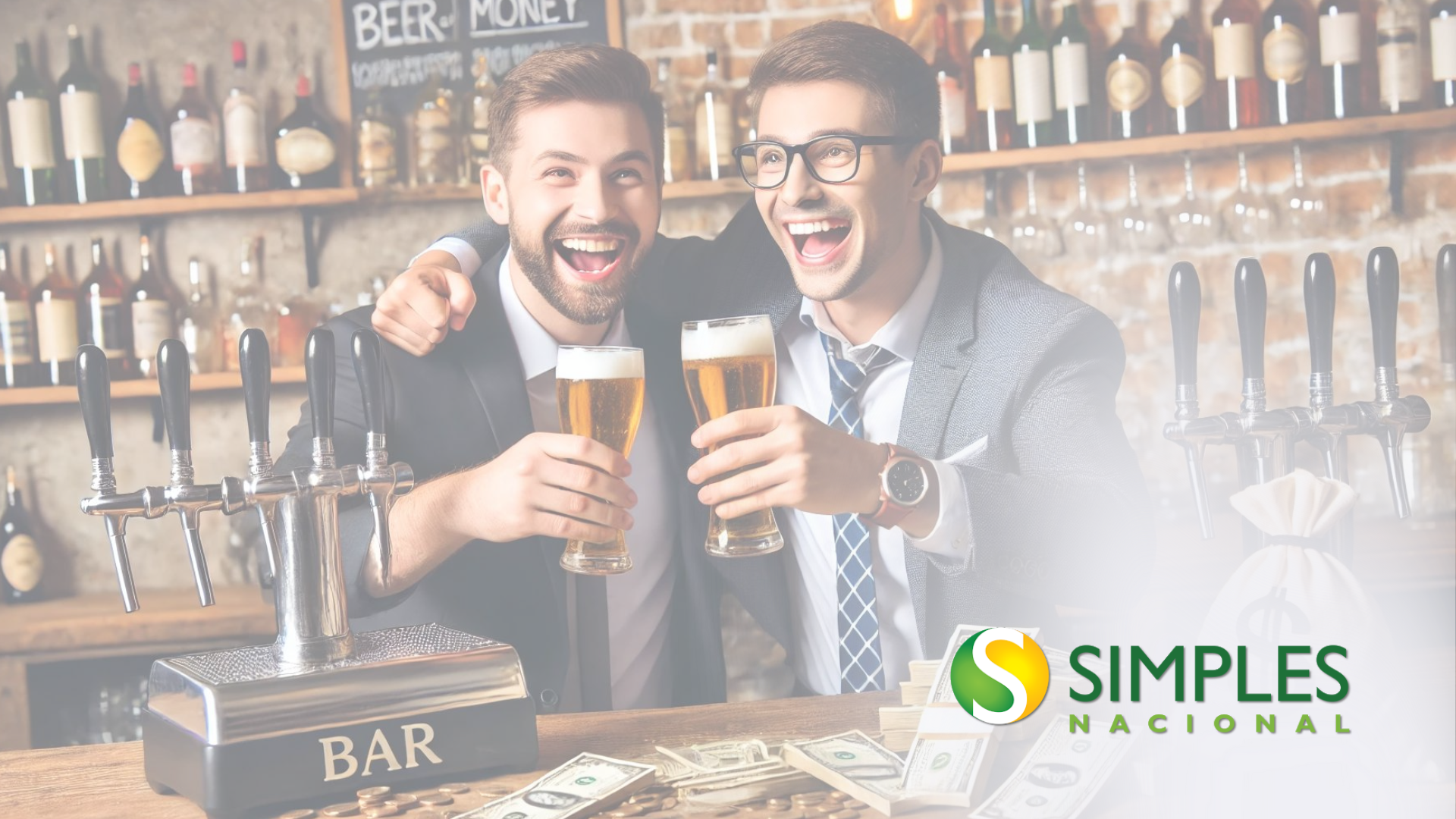 Dois homens estão sentados em um bar segurando copos de cerveja.