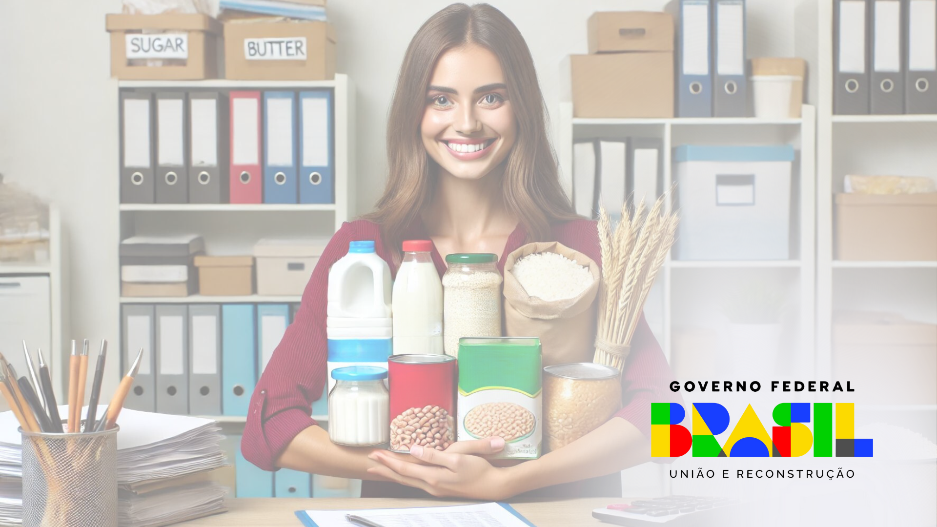 Uma mulher segura uma variedade de alimentos nas mãos.