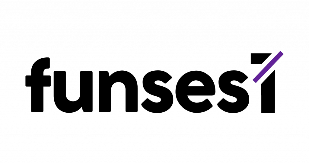 Um logotipo preto e roxo para funsesi em um fundo branco.