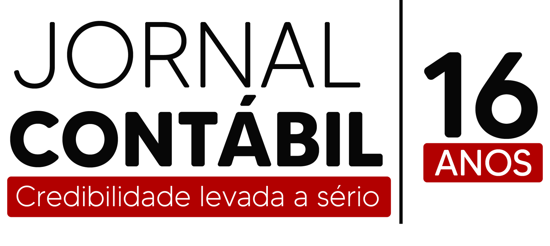 O logotipo do jornal contabil 16 anos é preto e vermelho