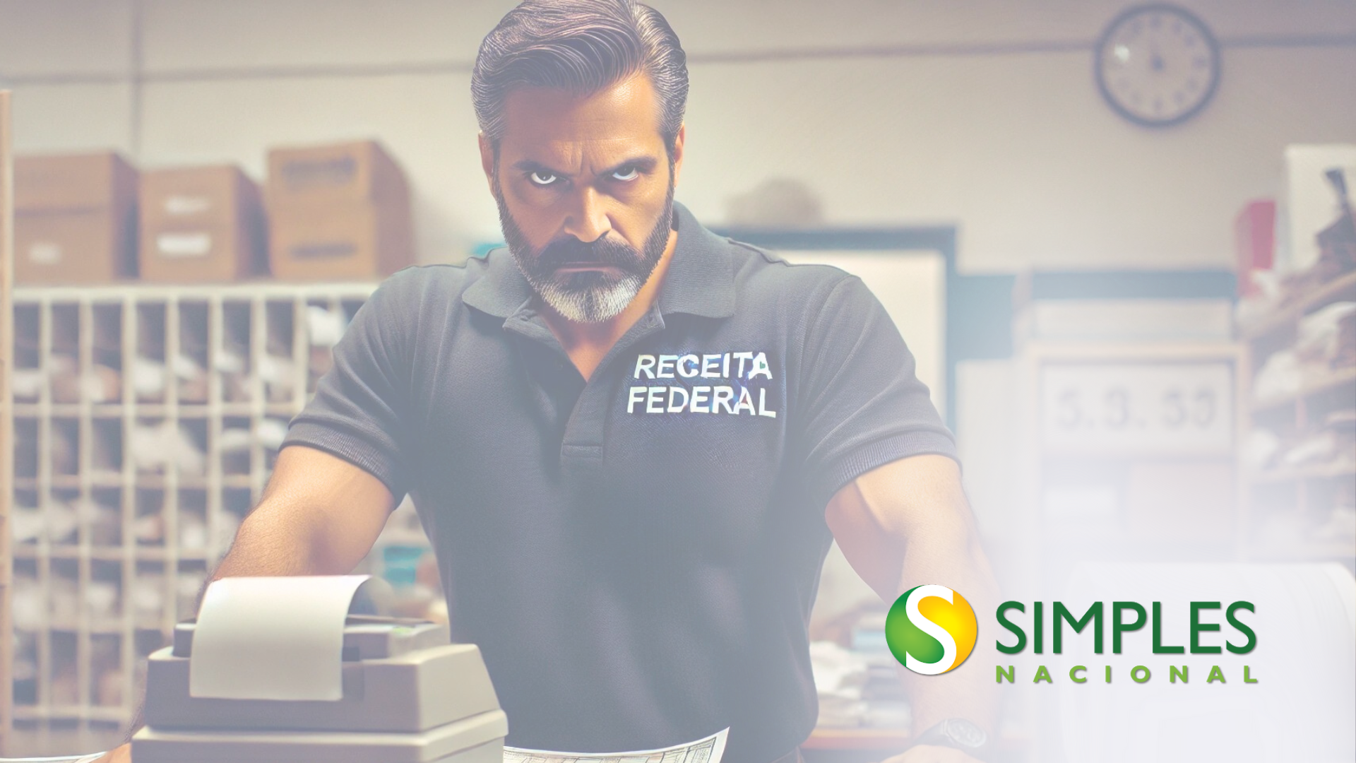 Um homem com barba está parado em frente a uma caixa registradora.