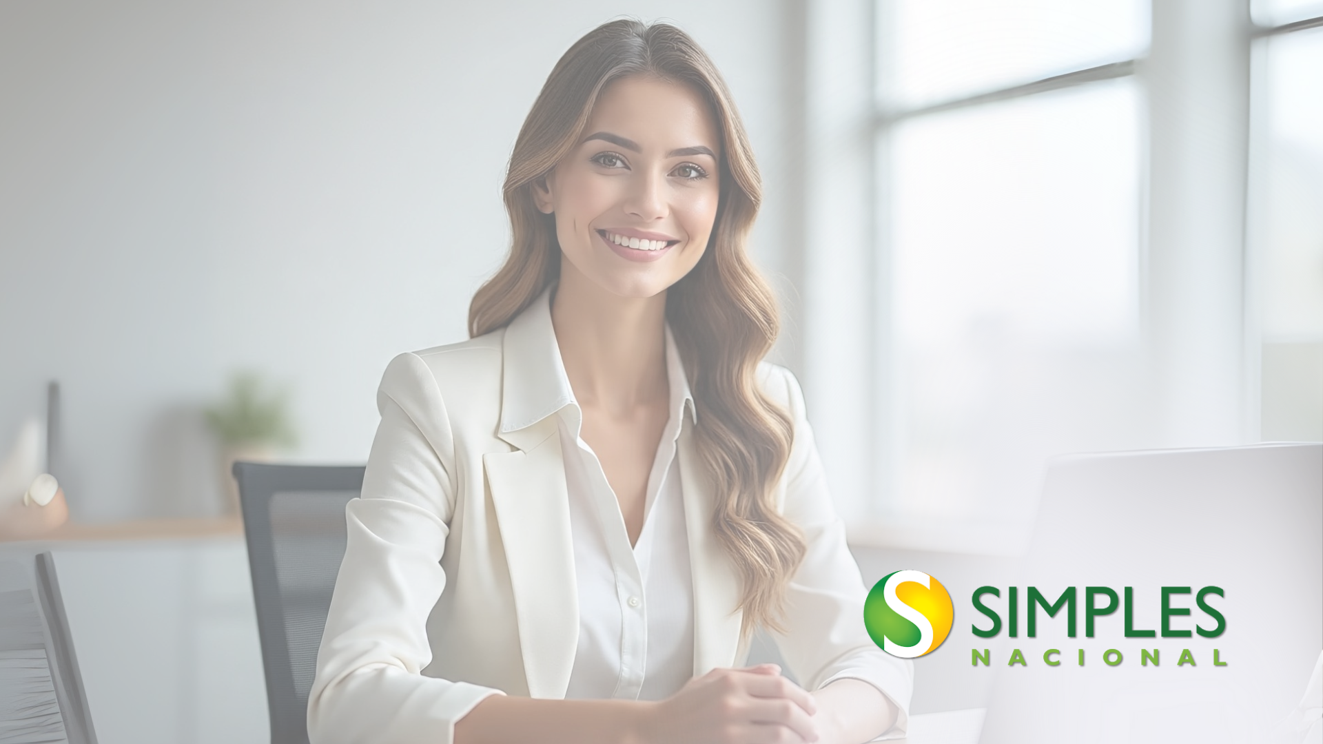 Uma mulher sorridente, vestindo um terno claro, está sentada em uma mesa, com o logotipo