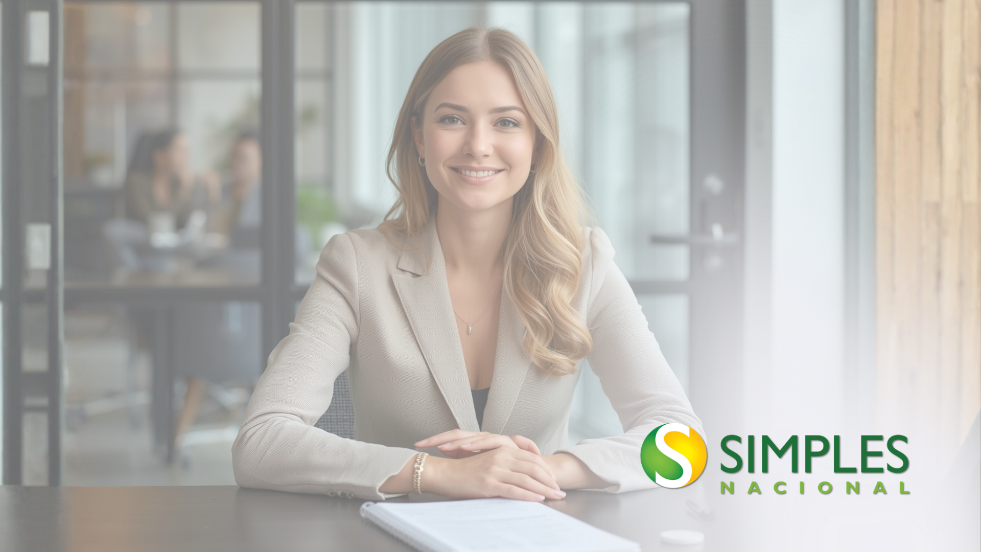 Mulher de blazer sentada à mesa, sorrindo, com o logotipo