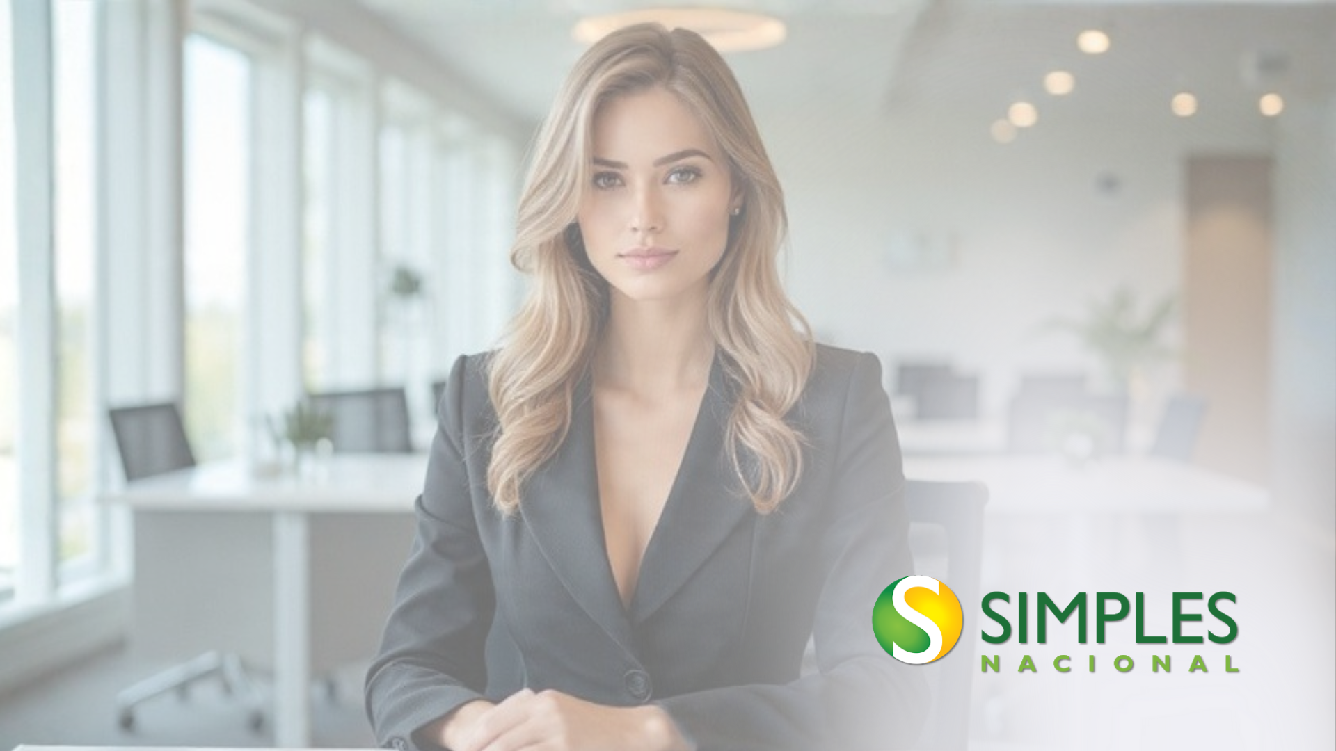 Mulher em traje de negócios, fundo de escritório, logotipo