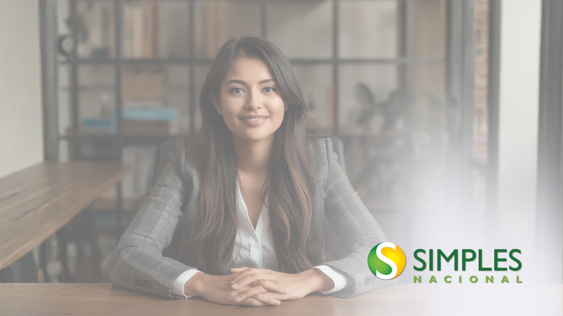Mulher de blazer cinza sorrindo, sentada em uma mesa. O logotipo da Simple Nacional está visível.