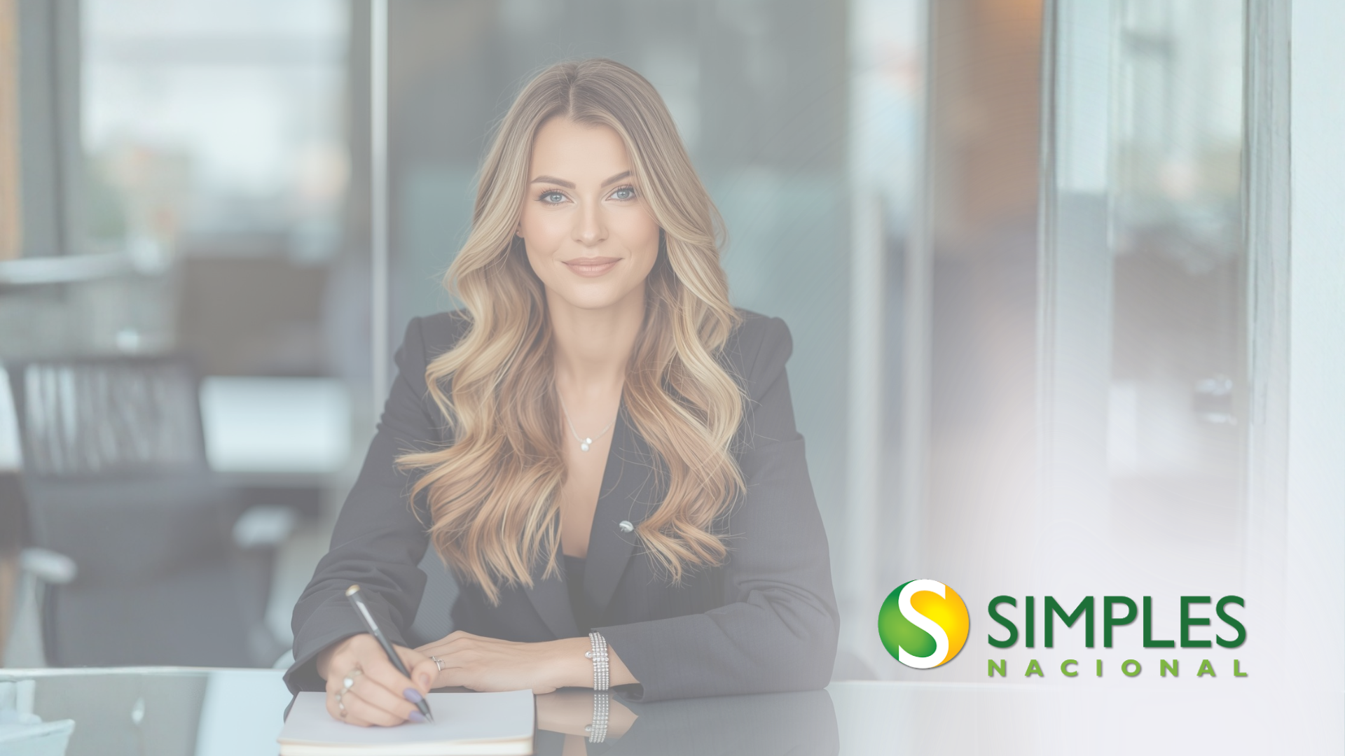 Mulher de blazer preto sentada à mesa em um escritório, com o logotipo da Simples National no canto.