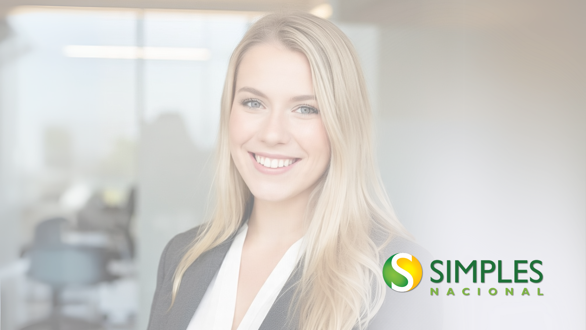 Mulher loira sorrindo, vestindo um blazer, com o logotipo