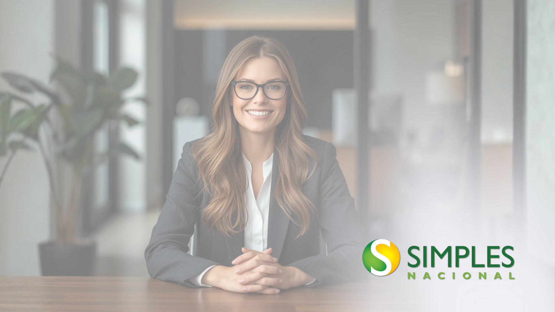 Mulher de terno sorrindo, sentada em uma mesa com o logotipo da Simple Nacional, fundo de escritório desfocado.