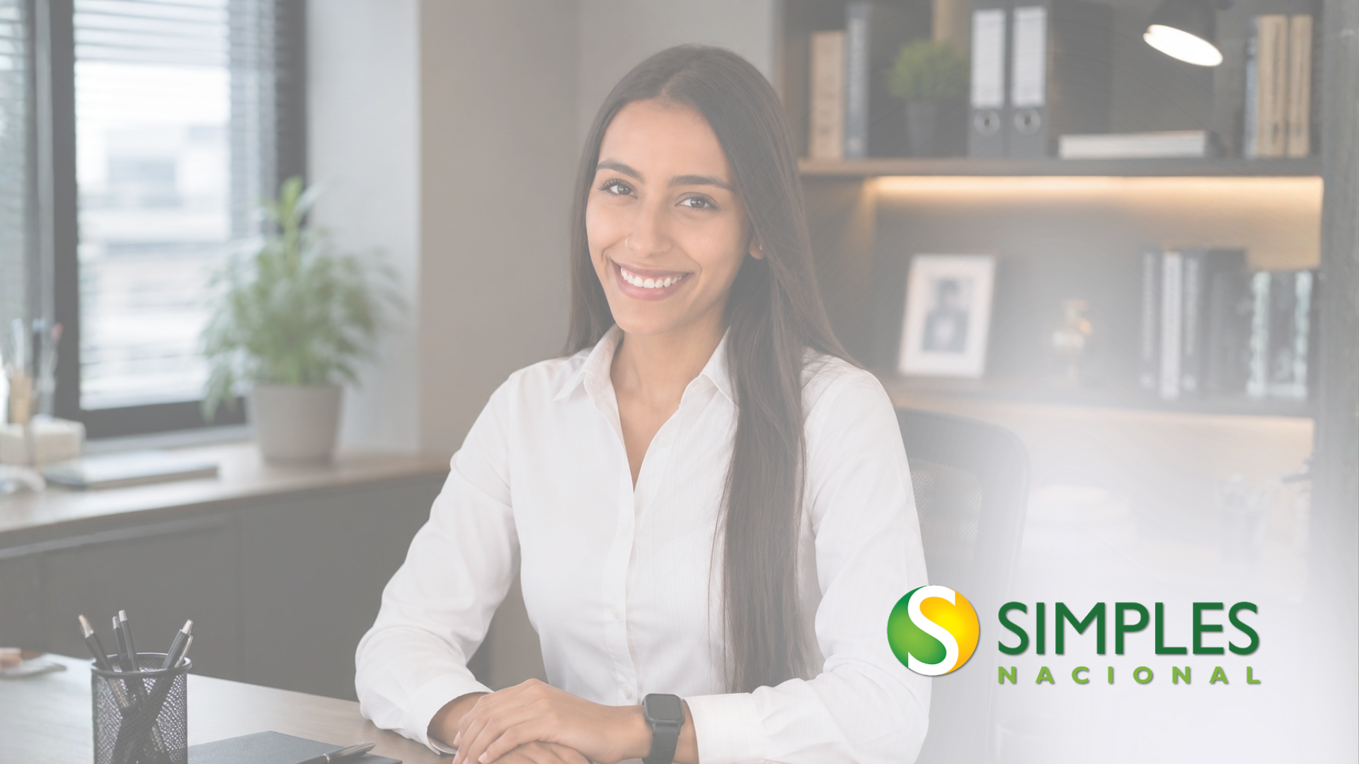 Mulher sorridente de blusa branca sentada em um escritório moderno, com o logotipo da Simples no canto inferior direito.