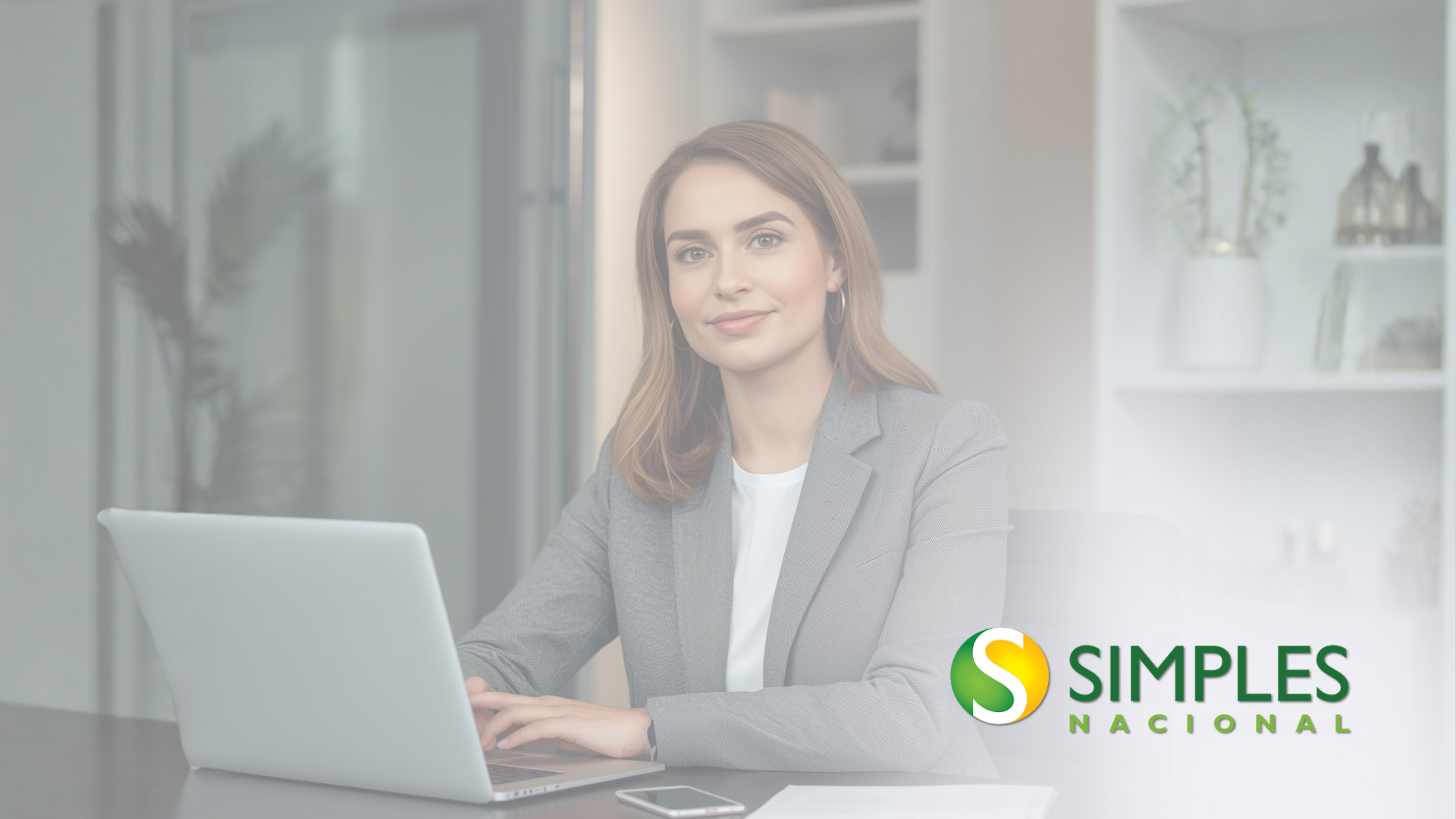 Mulher de blazer trabalhando em um laptop, sorrindo. Logotipo 