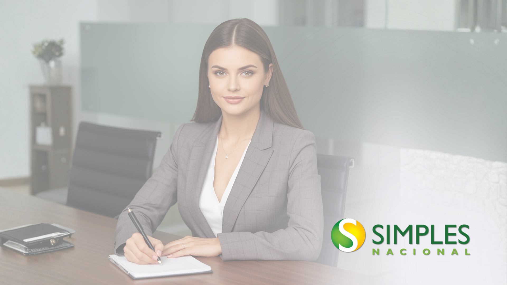 Mulher de negócios sentada à mesa com um caderno, em um escritório moderno ao lado do logotipo da SIMPLES NACIONAL.
