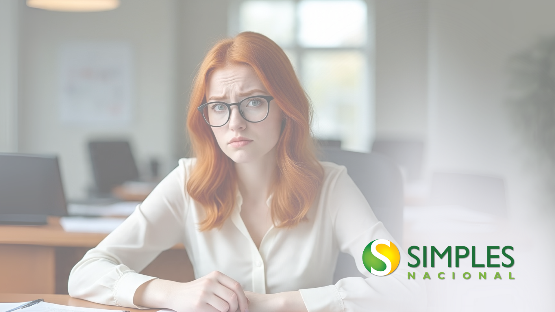 Mulher ruiva, de óculos e com expressão preocupada, possivelmente em um ambiente de escritório.