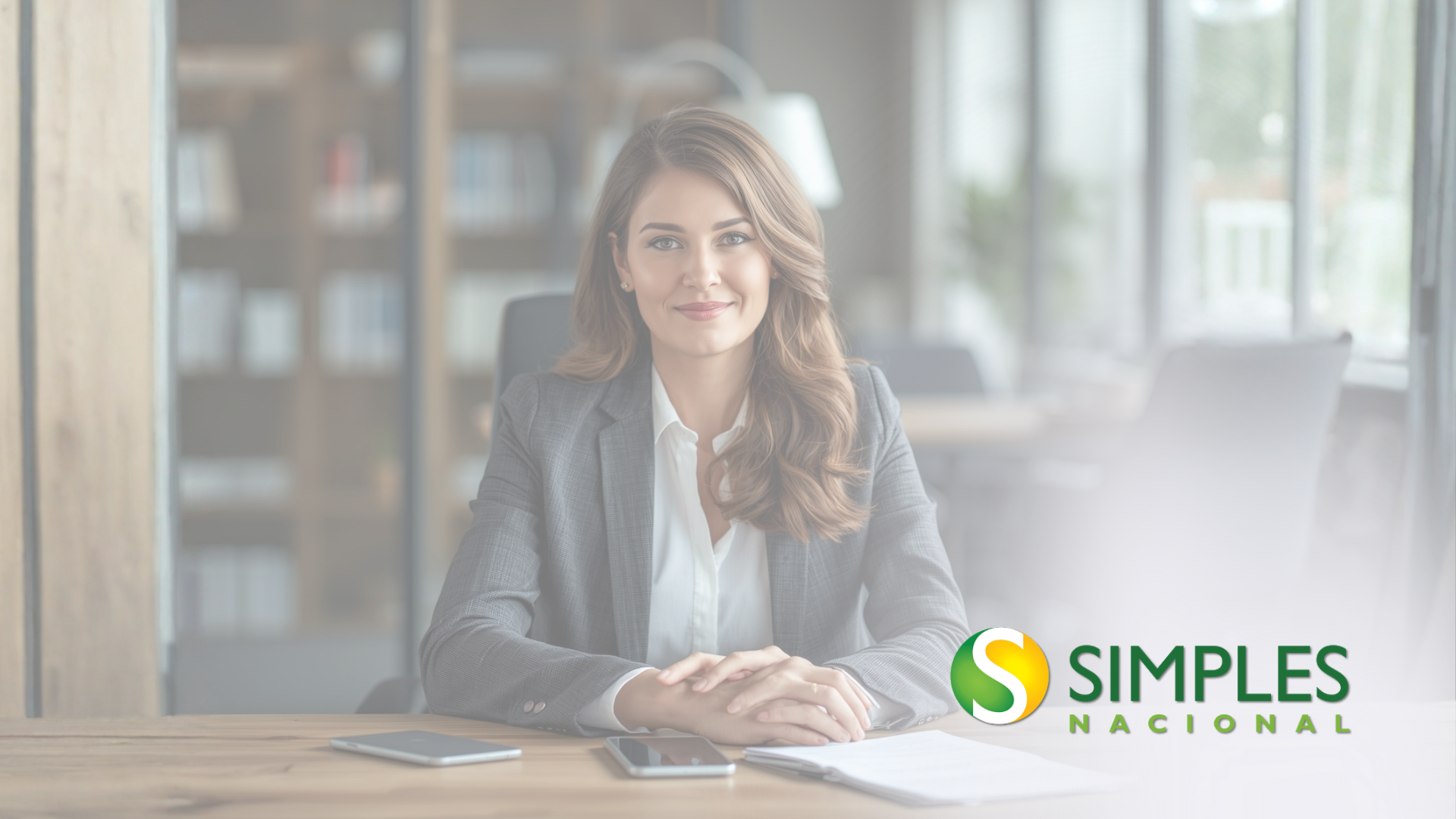 Mulher sentada em uma mesa com o logotipo