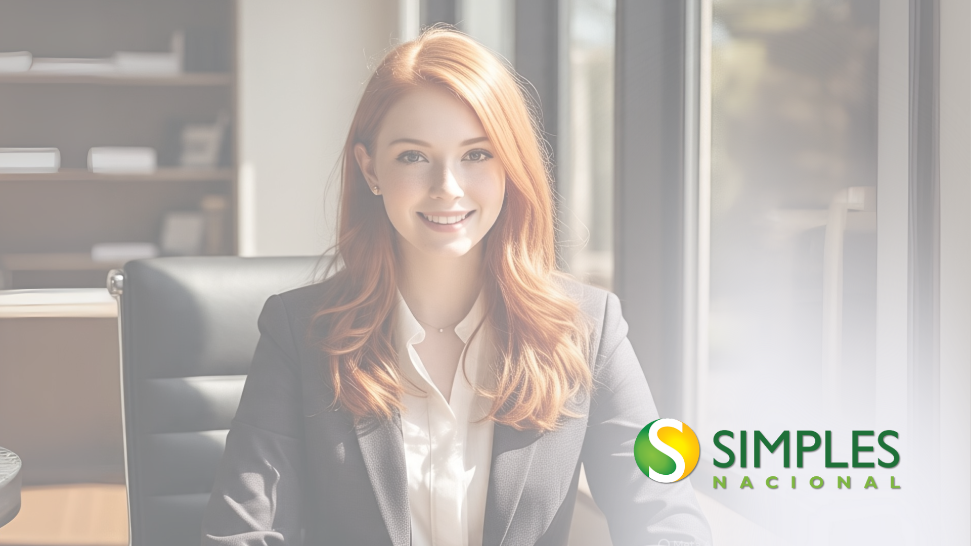 Mulher sorridente de terno em uma mesa com uma janela ao fundo; logotipo da SIMPLES NACIONAL.