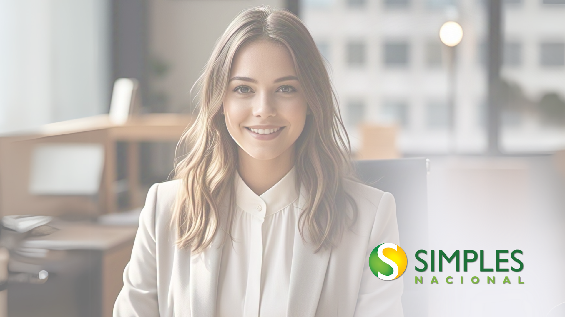 Uma mulher está sorrindo enquanto está sentada em uma mesa em um escritório.