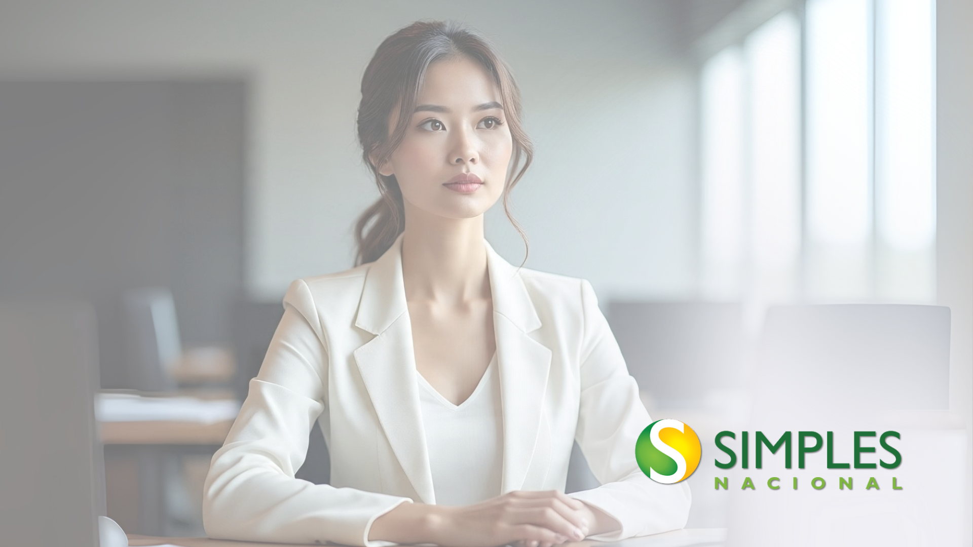 Mulher de blazer branco, olhando para a frente, sentada em uma mesa. Ambiente de escritório, logotipo da Simples Nacional.