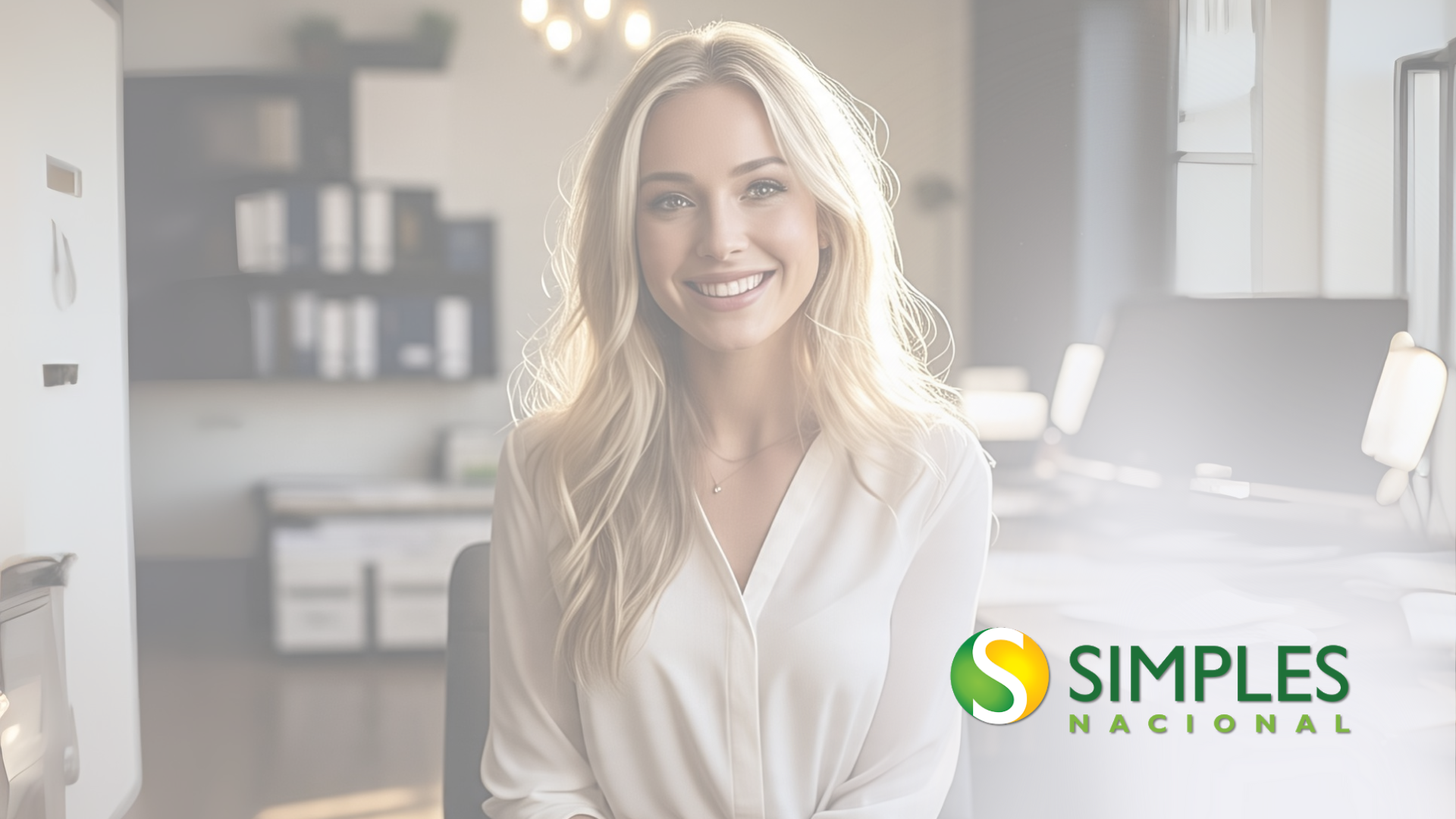 Mulher sorridente em um escritório bem iluminado, com o logotipo da