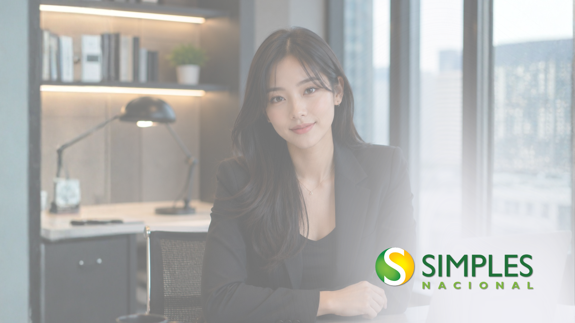 Mulher de blazer preto sentada em um escritório moderno com o logotipo da Simples Nacional.