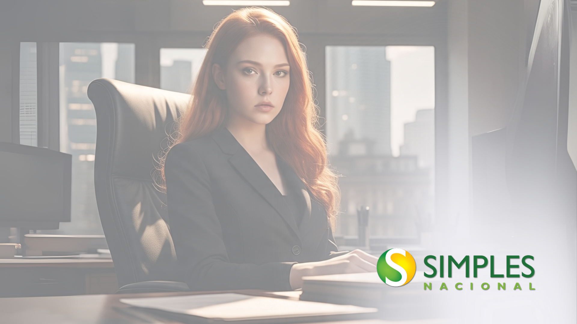 Mulher de terno preto sentada à mesa de um escritório, com o logotipo do Simples Nacional no canto.