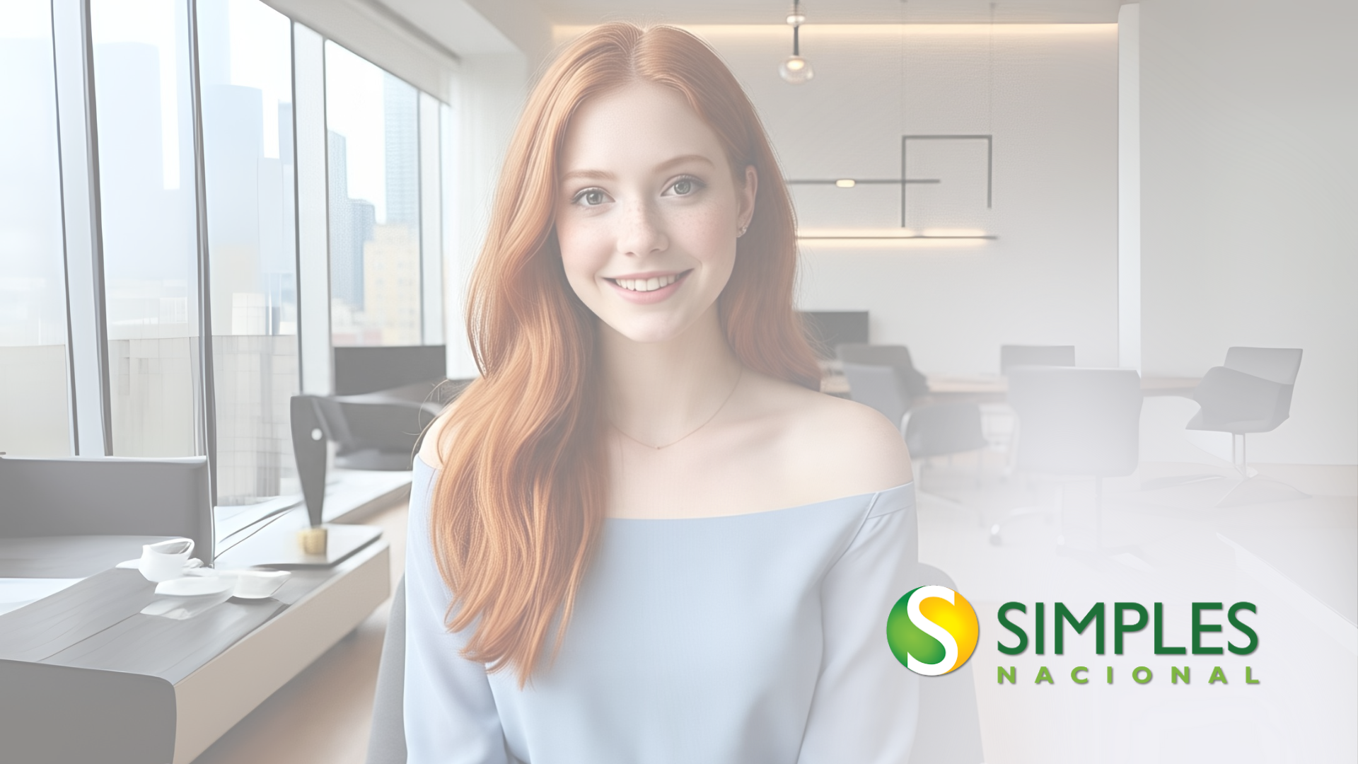 Mulher ruiva sorrindo em um escritório. Logotipo do Simples Nacional à direita.