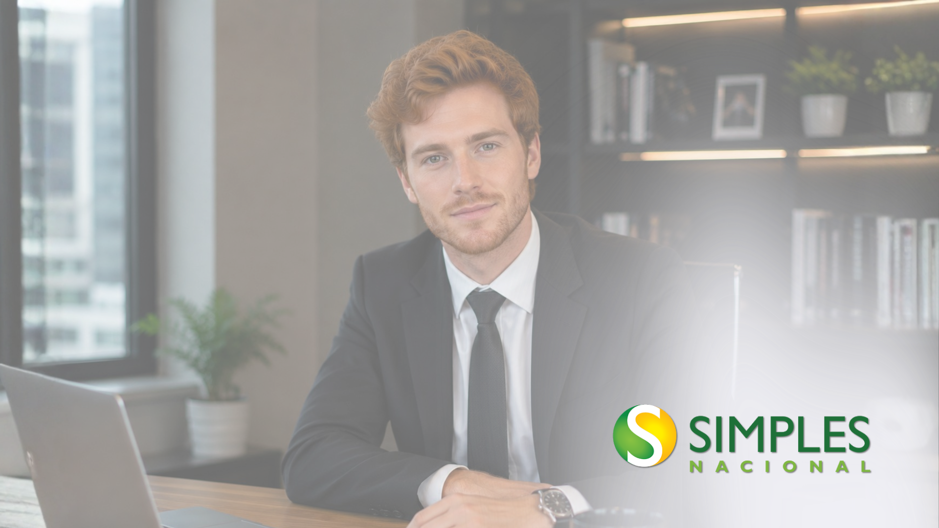 Homem de negócios sentado à mesa com um laptop em um escritório bem iluminado, com o logotipo da SIMPLES no canto.