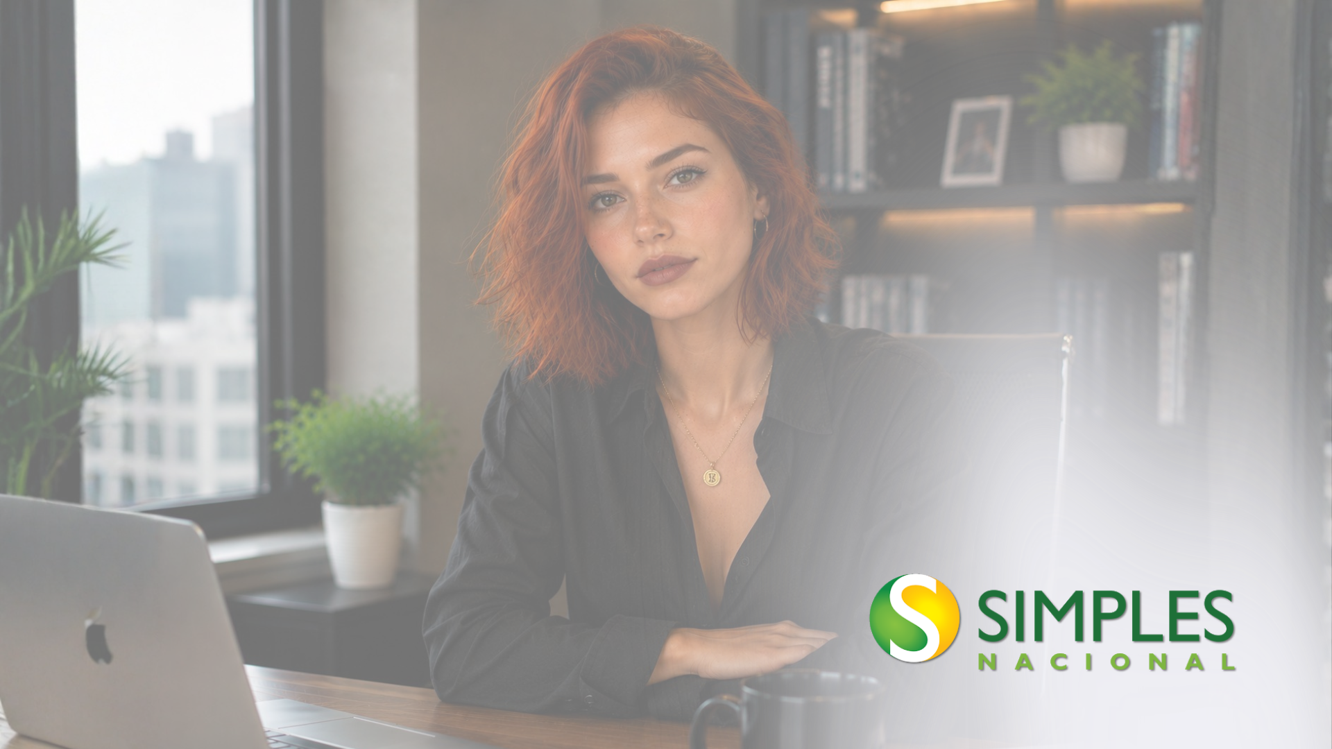 Mulher sentada à mesa com um laptop em um escritório moderno, ao lado do logotipo do Simples Nacional.