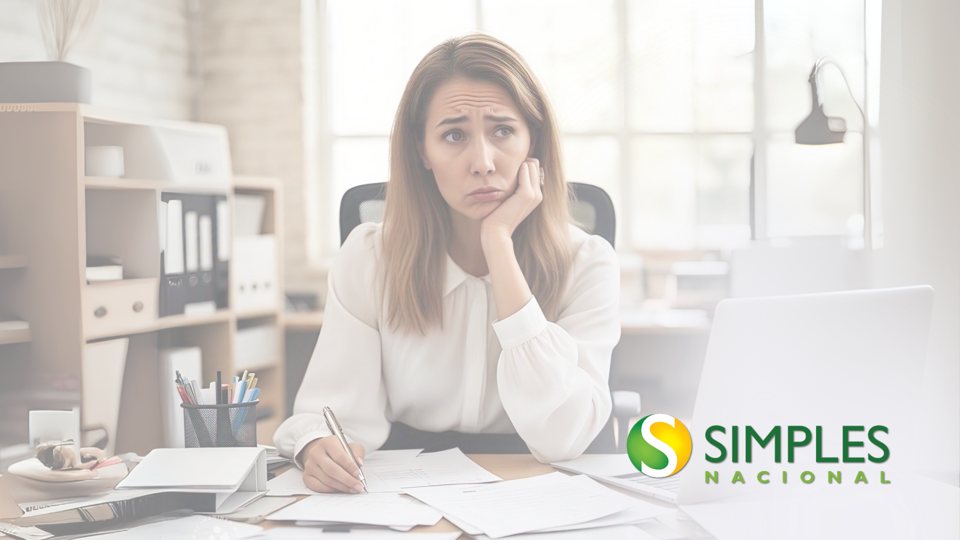 A woman is sitting at a desk with her hand on her face.