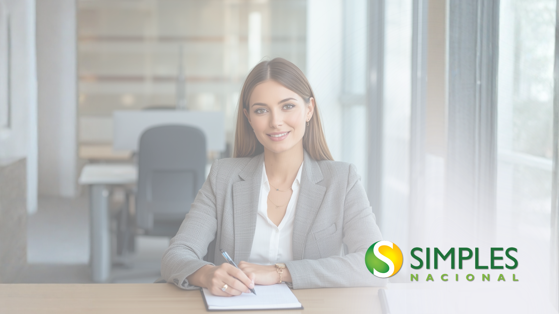 Uma pessoa em traje de negócios escrevendo em uma mesa de escritório, com o logotipo da Simples Nacional no canto.