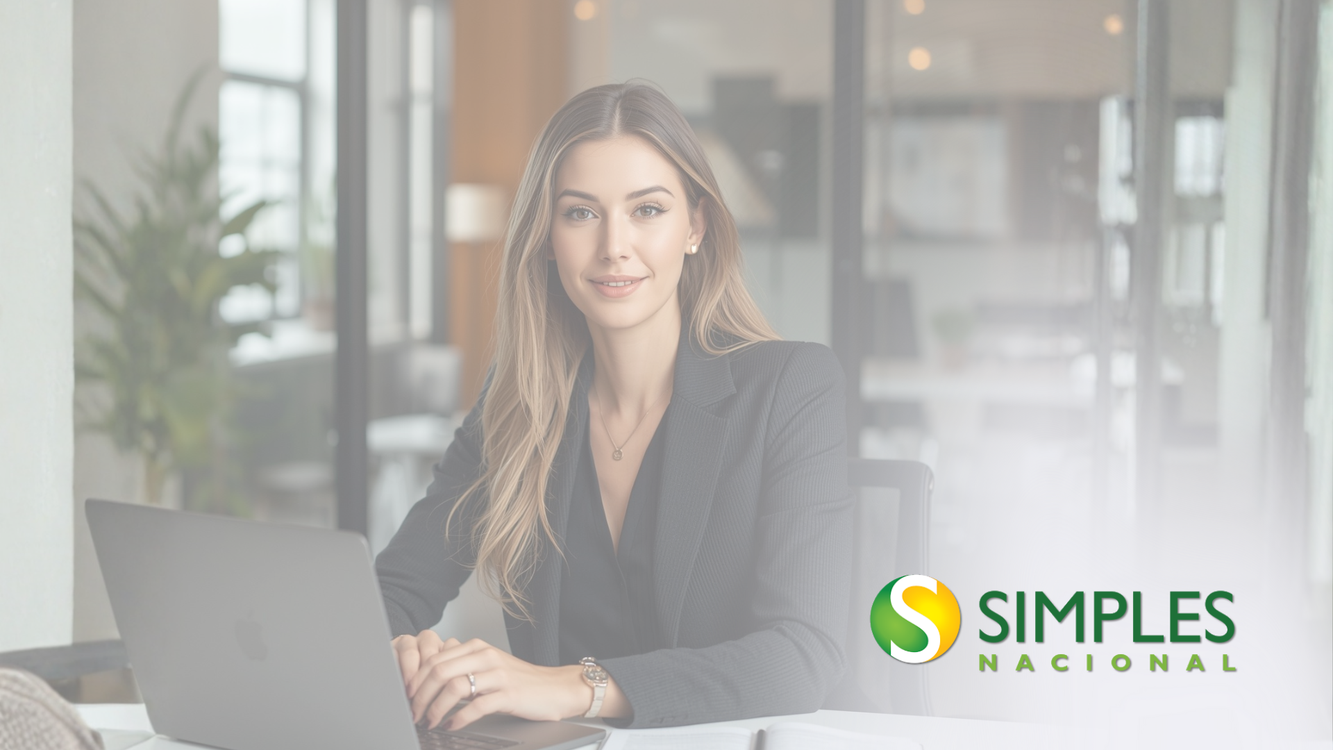 Mulher de blazer sorrindo em frente a um laptop, com o logotipo