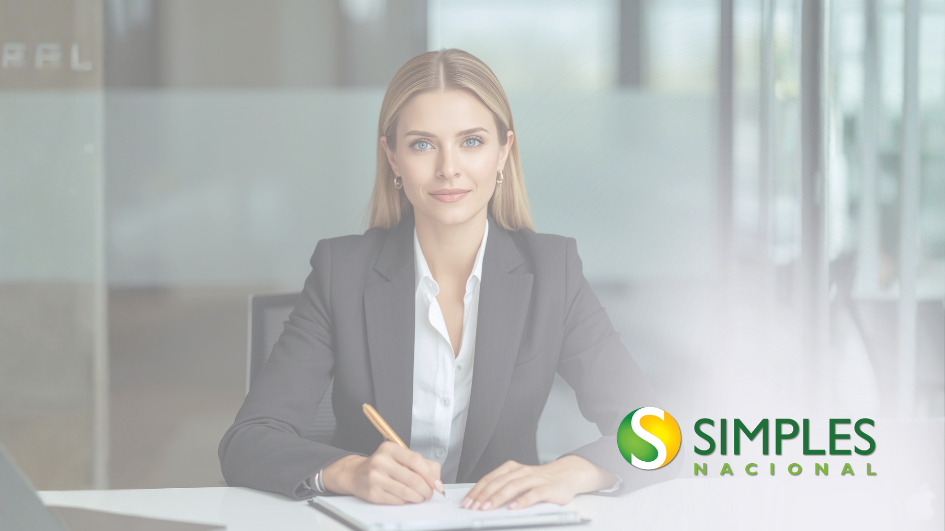 Mulher escrevendo em uma mesa em um escritório bem iluminado, com o logotipo da Simples Nacional no canto inferior direito.