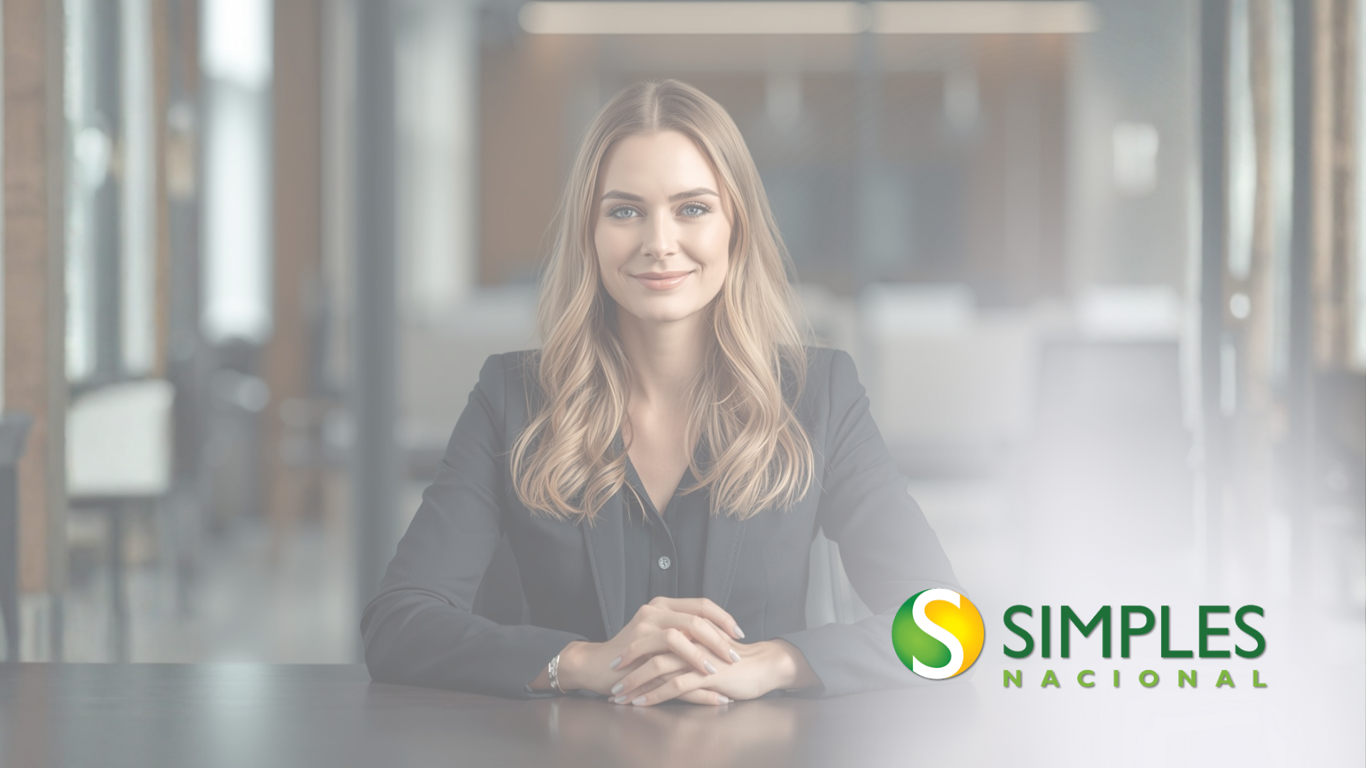 Mulher em traje de negócios sentada a uma mesa com o logotipo