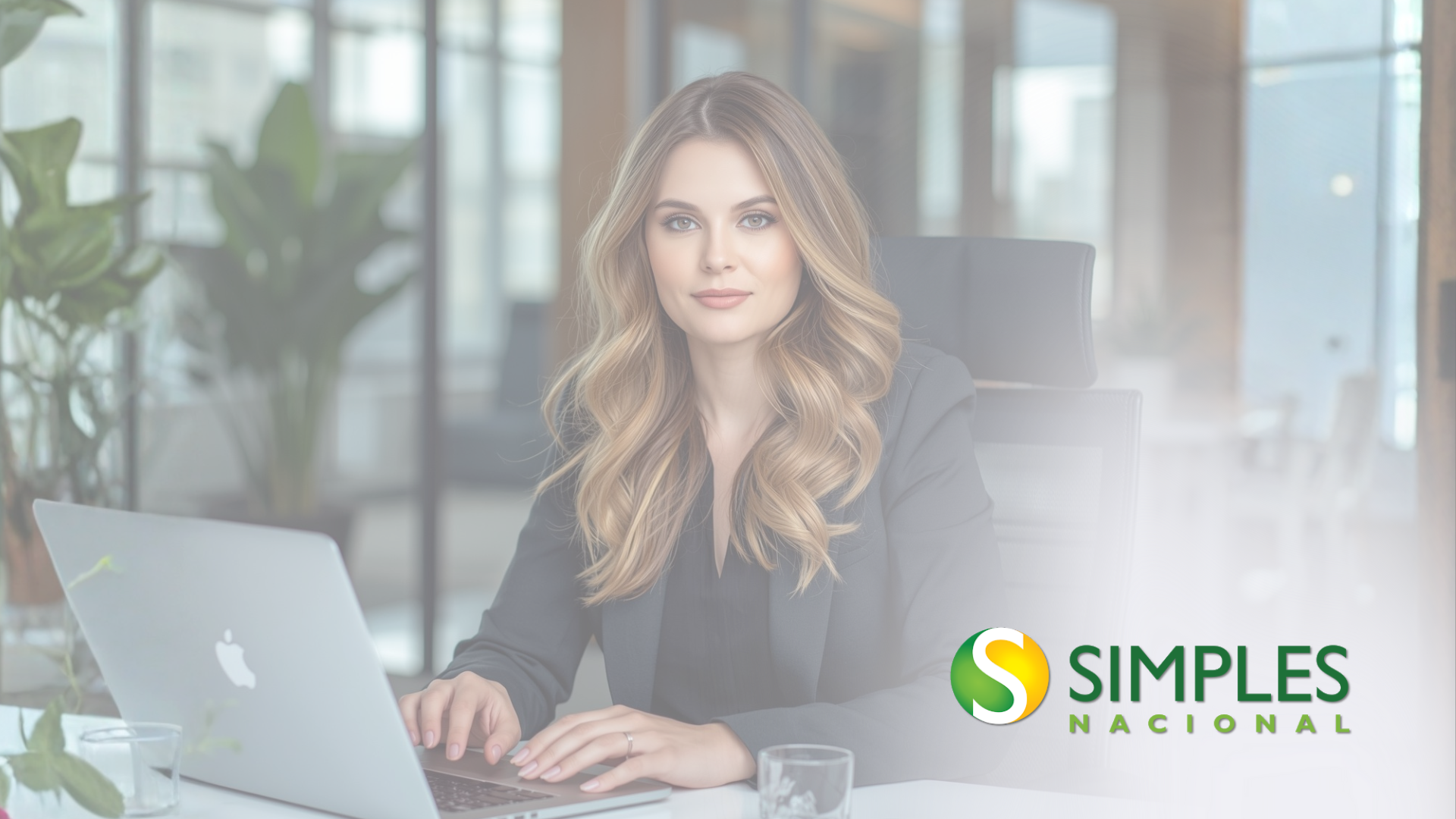 Mulher em frente a um laptop em um ambiente de escritório; logotipo