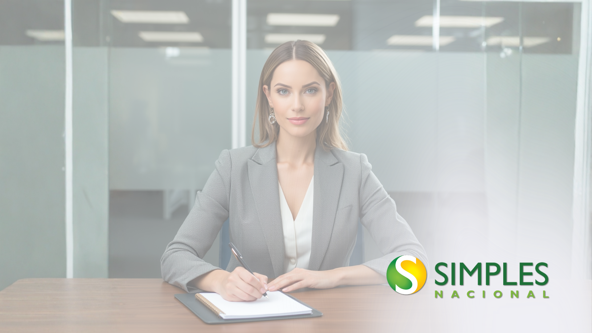 Mulher de blazer cinza sentada em uma mesa em um escritório moderno, com o logotipo da Simples Nacional.