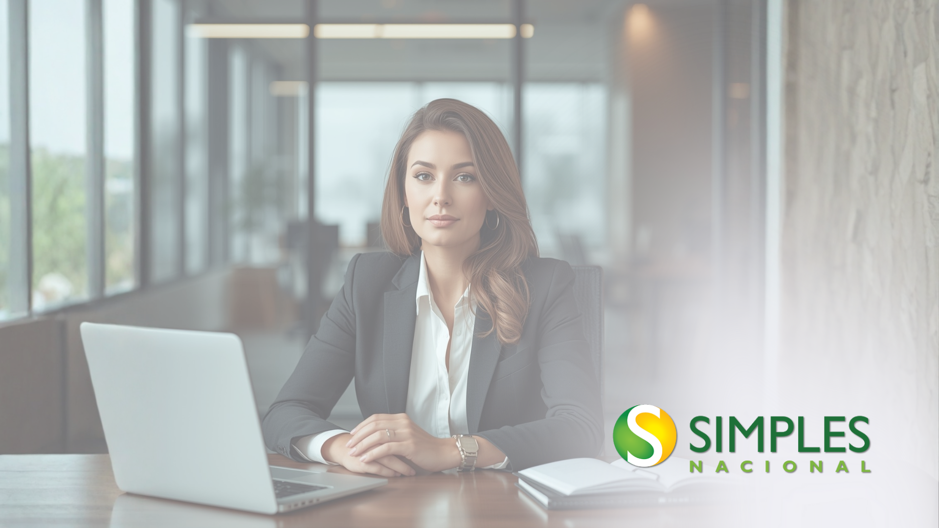 Mulher sentada à mesa com um laptop em um ambiente de escritório. Logotipo