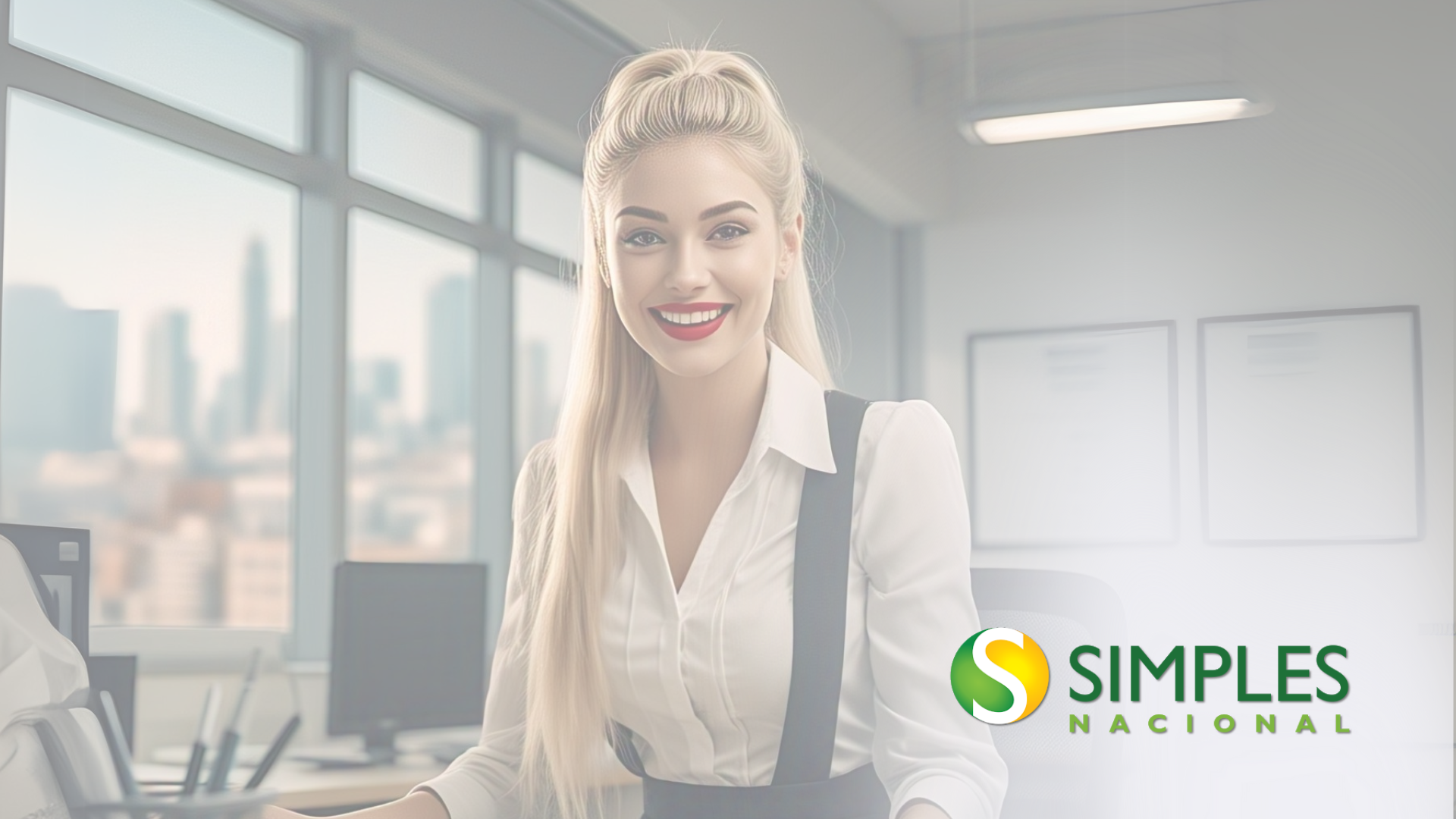 Uma mulher está sentada em uma mesa em um escritório e sorrindo.