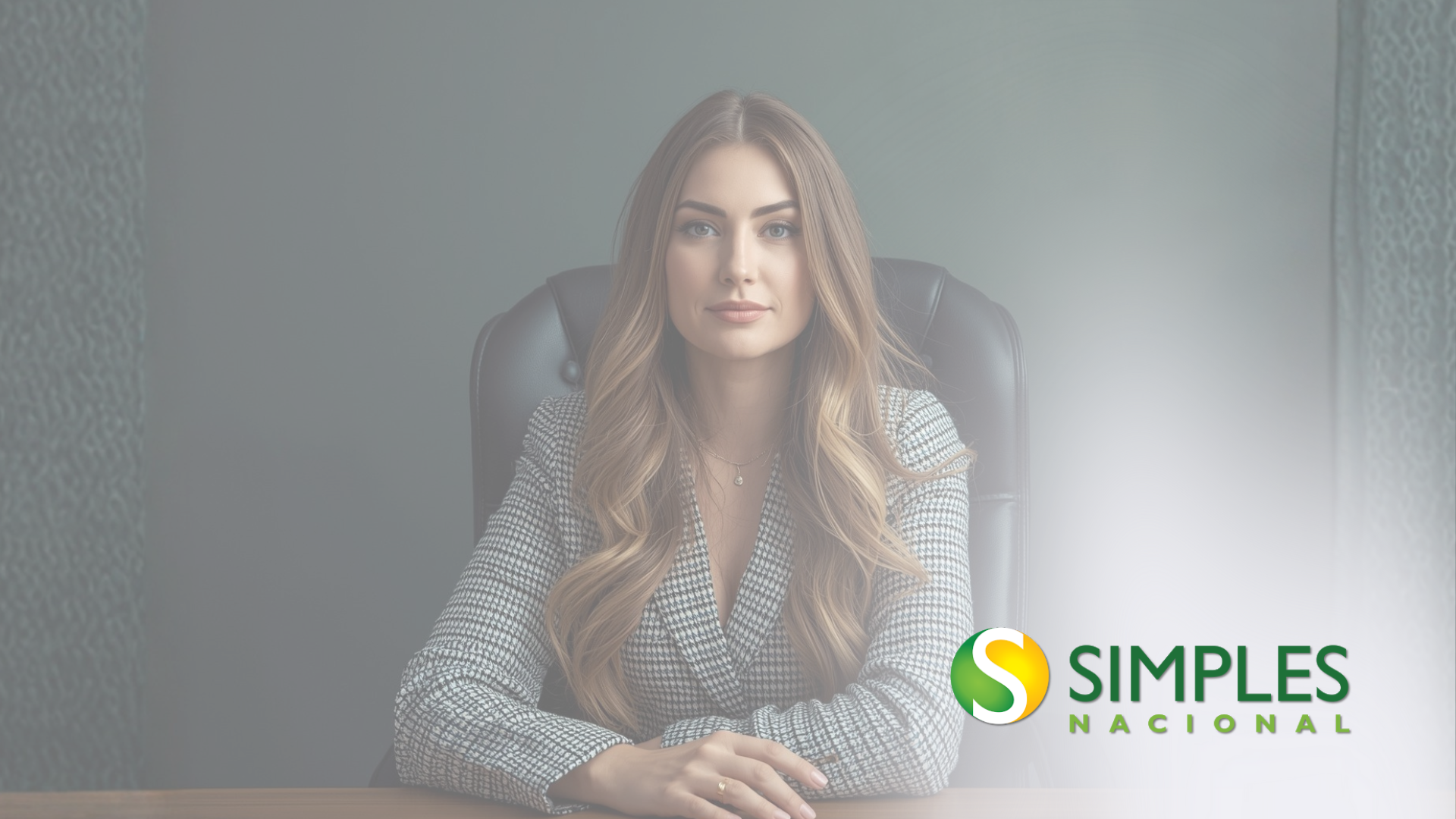 Mulher de cabelos longos, vestindo um blazer estampado, sentada a uma mesa, com o logotipo da Simples Nacional no canto.