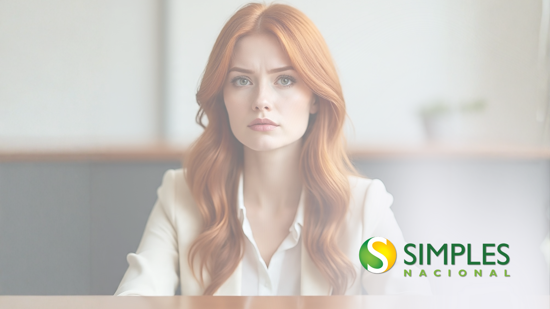Mulher ruiva, vestindo um blazer branco, olhando para o espectador. Logotipo do Simples Nacional no canto.