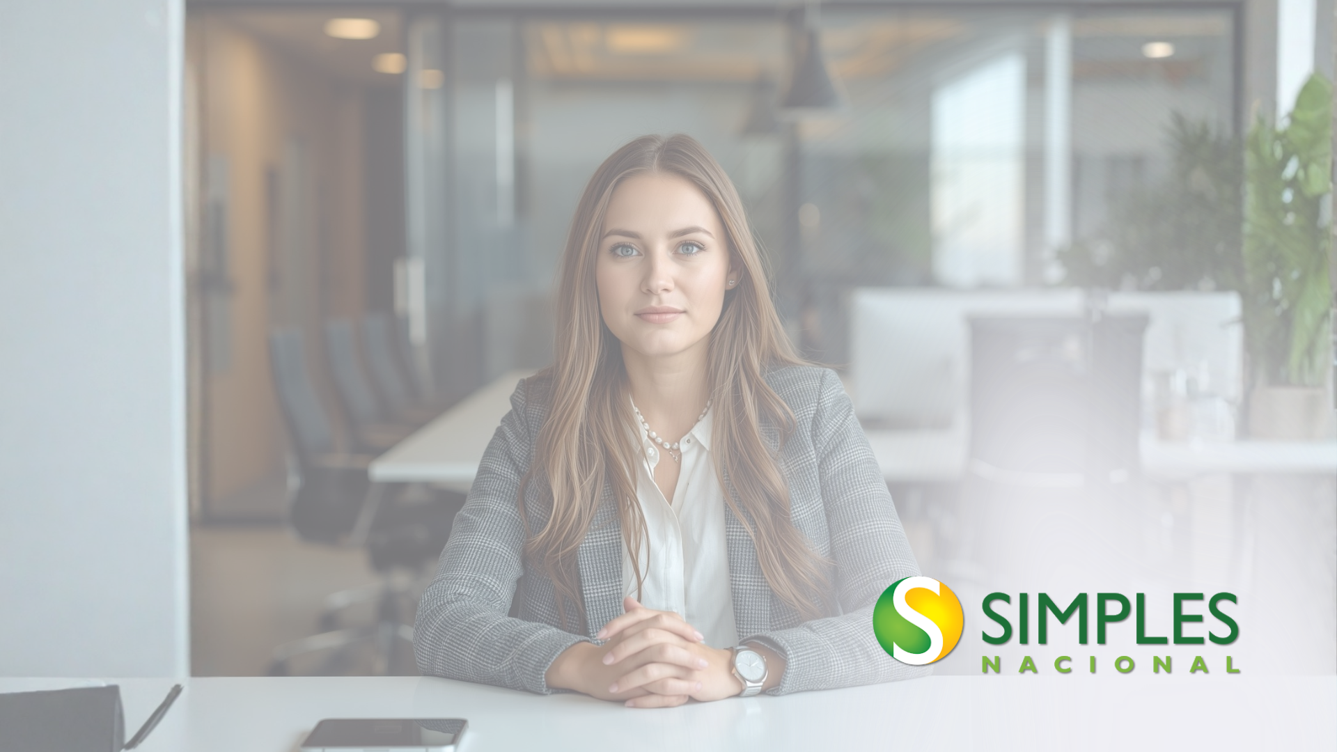 Mulher de blazer cinza sentada à mesa, olhando para a câmera. Logotipo