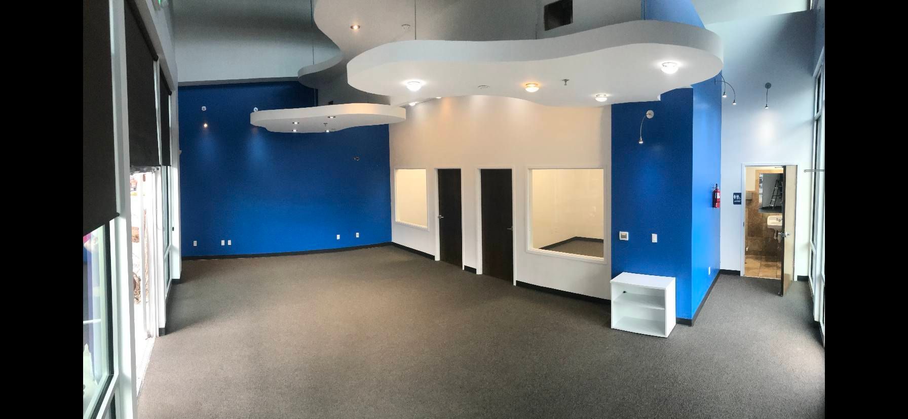 Empty office space with blue walls, gray carpet, and white ceiling lights