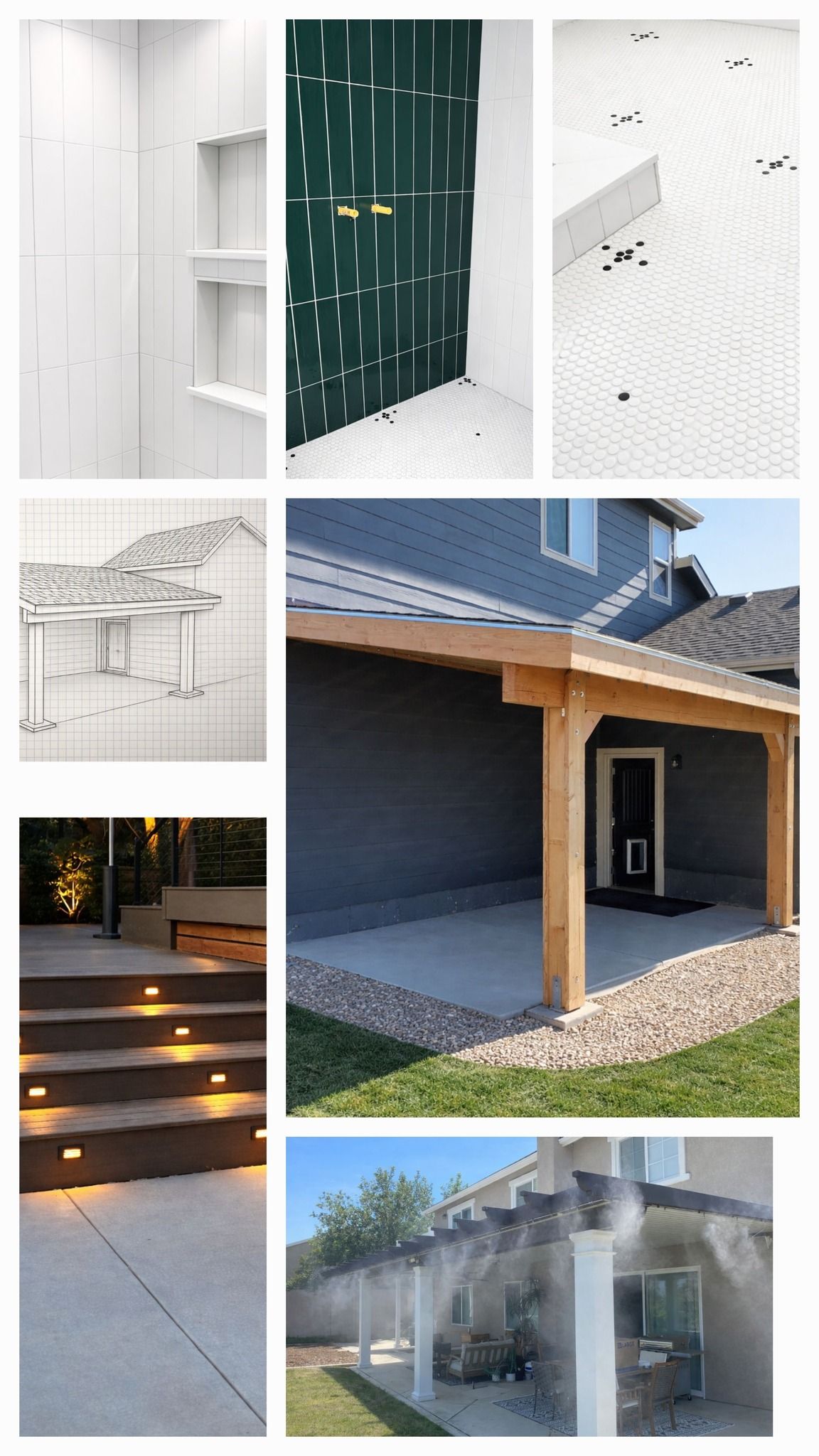 Collage of modern architectural details: doors, walls, steps, and a house exterior with wood beams and stone accents