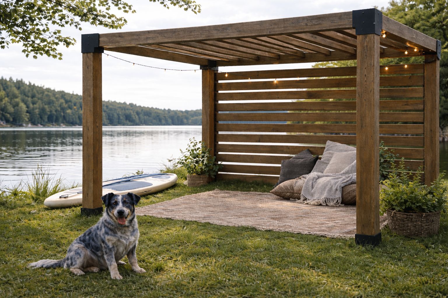 Dog sitting by a lakeside wooden shelter with a hammock and stacked firewood.