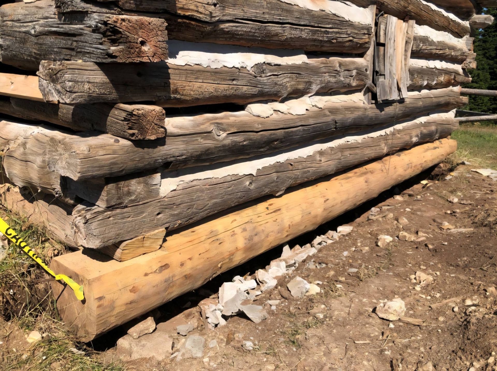 Rusted log cabin corner with wooden beams on dirt, showing a new support beam at the base