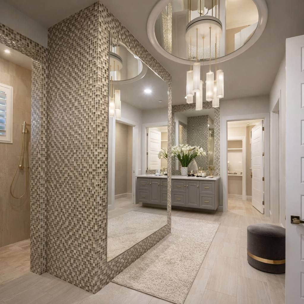 Elegant hallway with patterned wallpaper, large mirror, chandelier, and gray console table with flowers.
