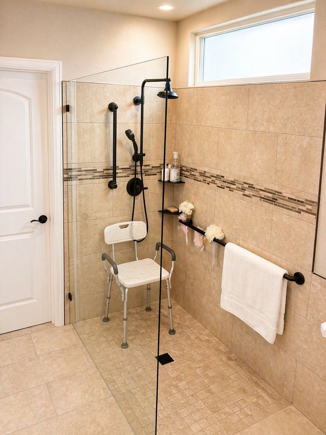 Accessible shower with fold-down chair, grab bars, and handheld showerhead in a beige tiled bathroom.