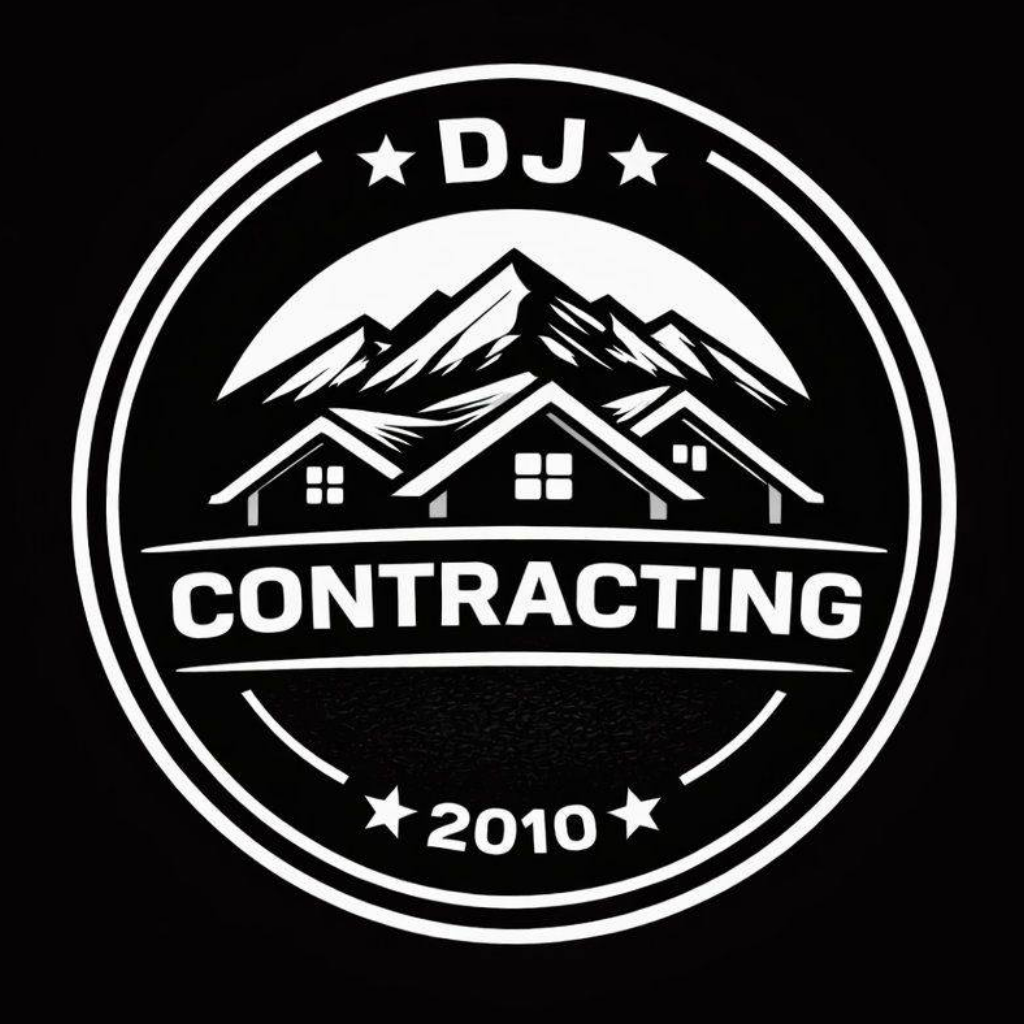 Black-and-white DJ Contracting logo with mountains, houses, stars, and 2010 text