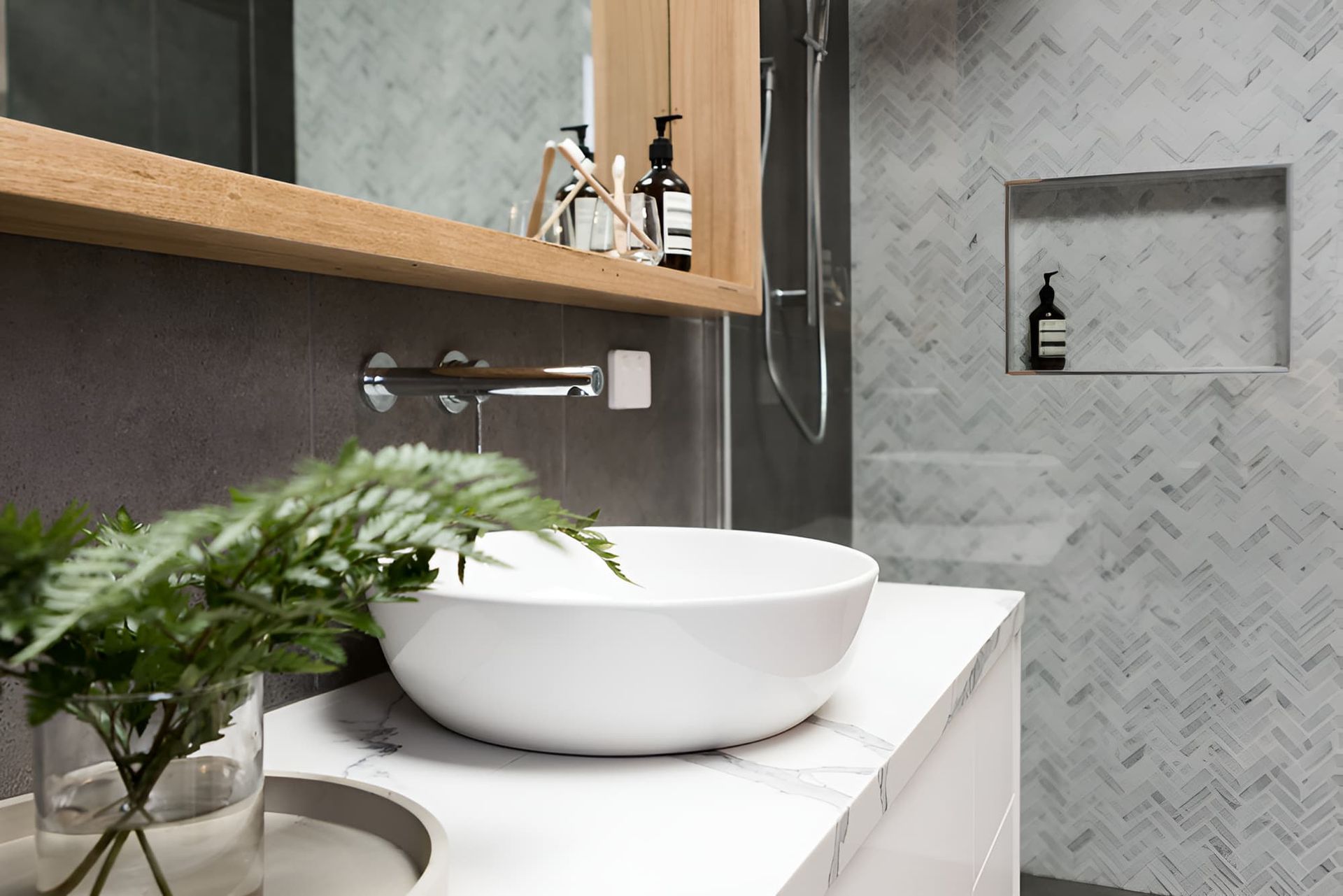 A Bathroom With a Sink, Mirror and Shower — John Day Plumbing in Marlow Lagoon, NT
