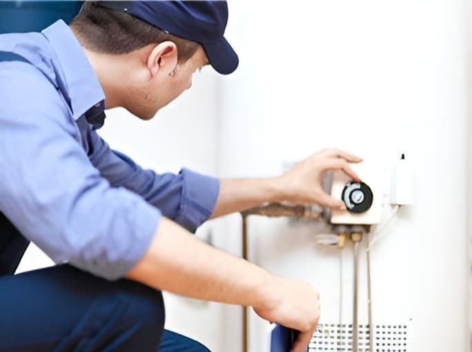 A Man is Kneeling Down Fixing a Water Heater — John Day Plumbing in Marlow Lagoon, NT
